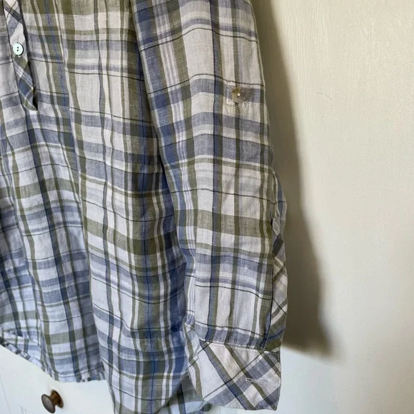 J. Jill Love Linen Blue and Green Plaid Linen Shirt with Pockets | Petite Small - Picture 5 of 12